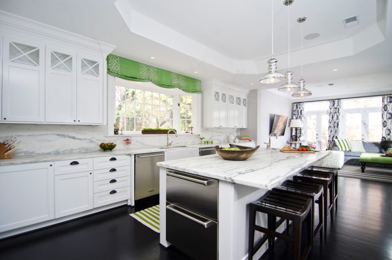 open flow bright kitchen center island tray ceiling marble backsplash