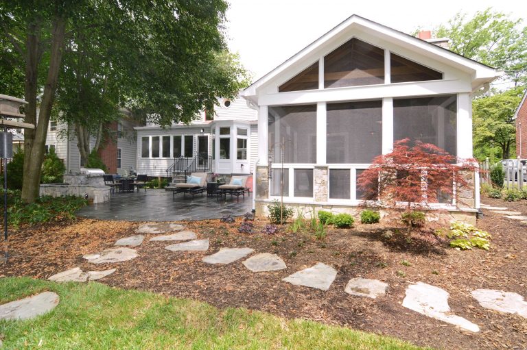 screened-in porch addition flagstone path next to patio