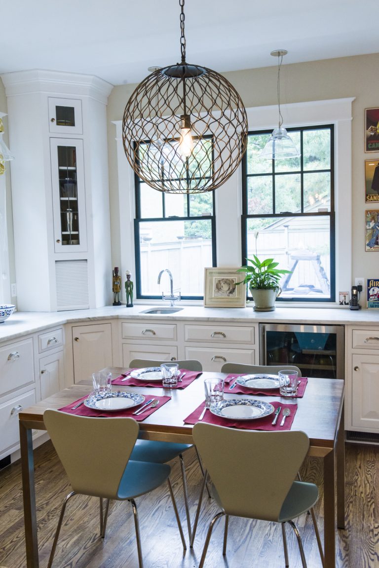renovated eat-in kitchen white cabinets wood floors traditional with eclectic touches