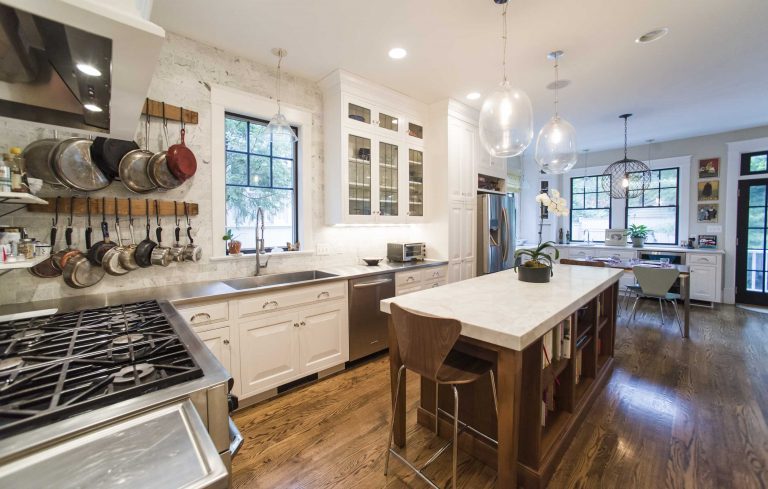 eclectic kitchen remodel wood floors white cabinets natural wood island