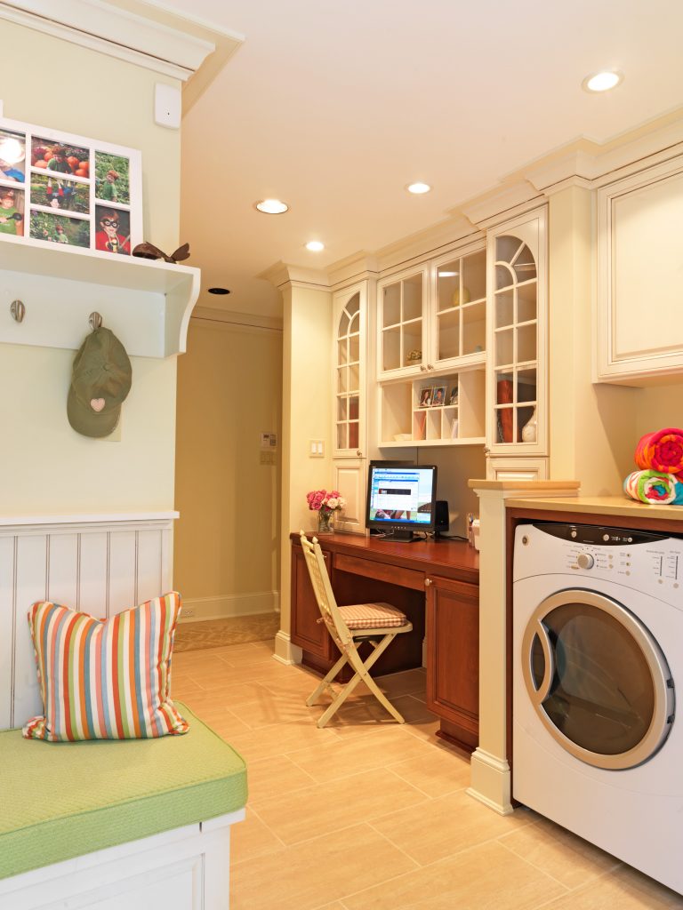 renovated mudroom with laundry and designated office space
