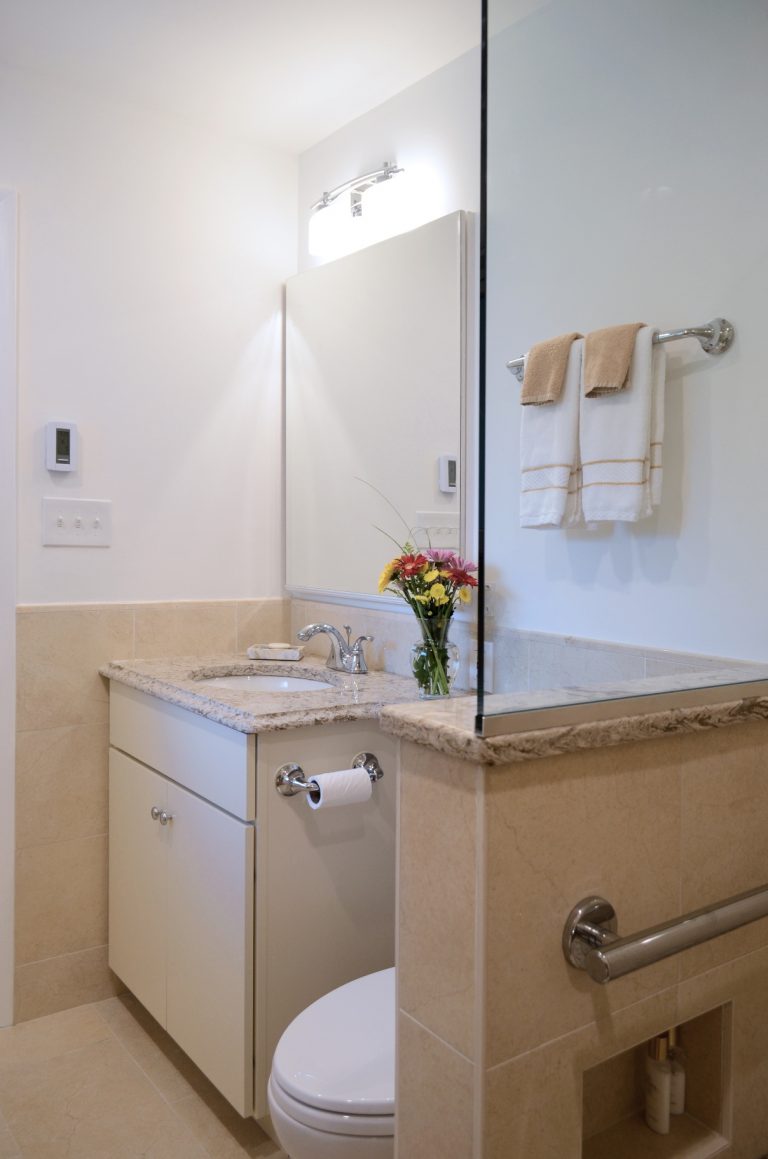 accessible bathroom with grab bars neutral color palette