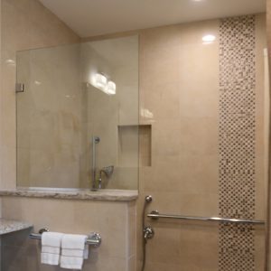 Tan tiled bathroom