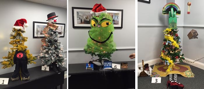 Minions, a snowman, The Grinch and Wizard of Oz themed trees