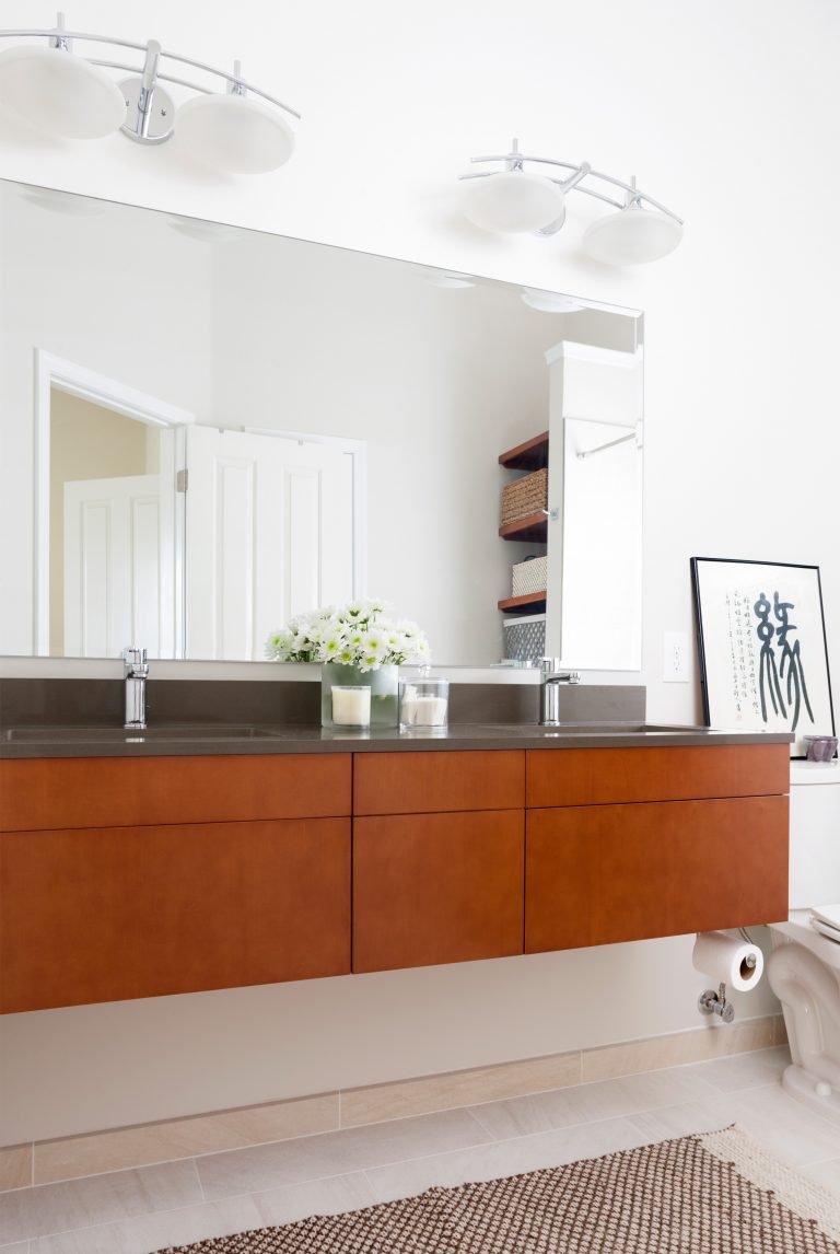 modern bathroom floating wood vanity