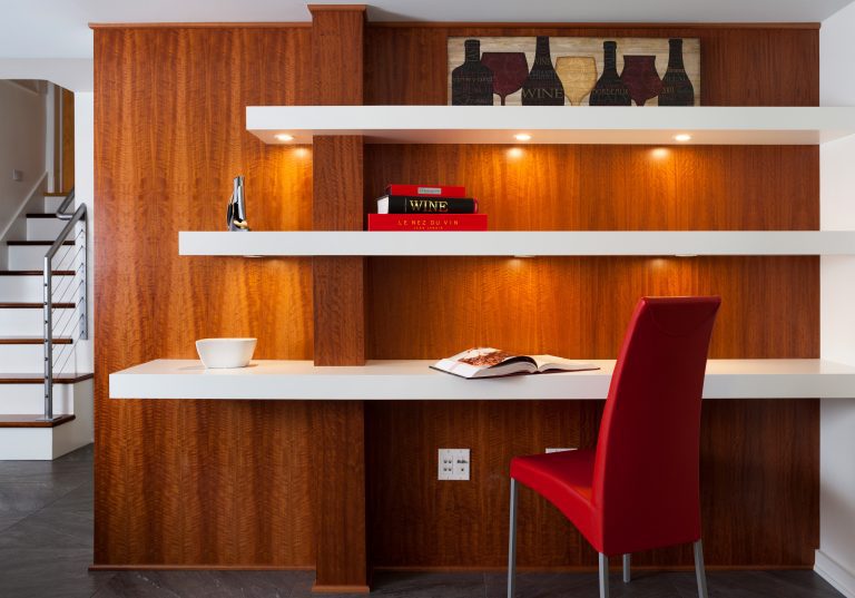 built in desk with under shelving lighting contrast natural wood feature wall with white shelving