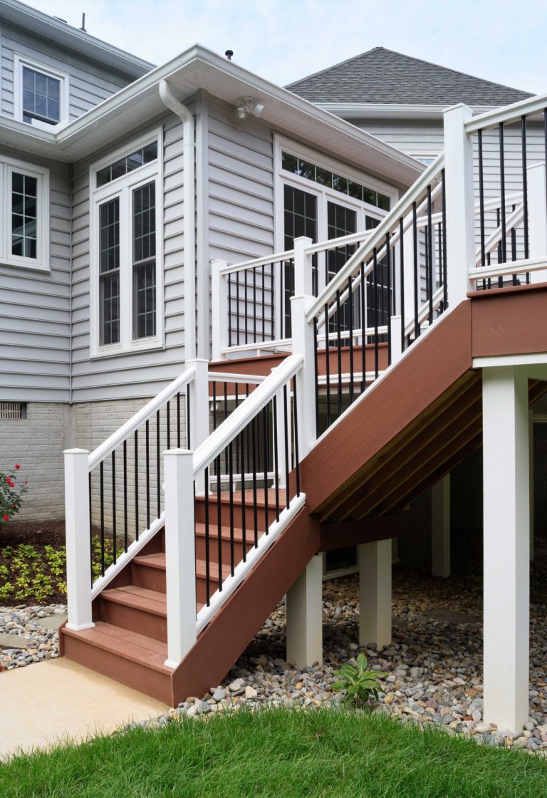 second story back deck addition on maryland home stairs down to yard