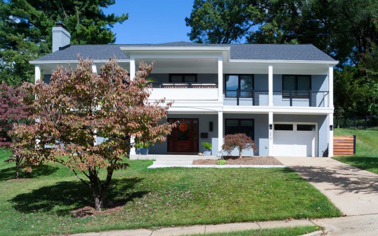 addition exterior two level front porch columns light blue white curb appeal