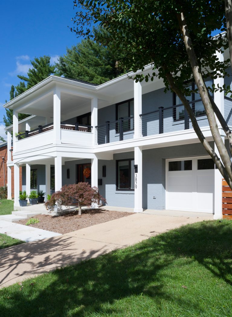 addition exterior two level porch columns light blue white curb appeal