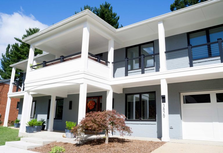 addition exterior two level porch columns light blue white curb appeal