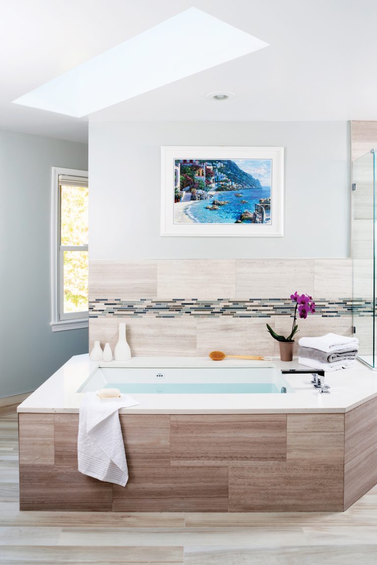 modern freestanding jacuzzi tub skylight natural wood panel tile