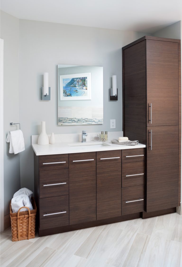 modern bathroom dark wood vanity with storage