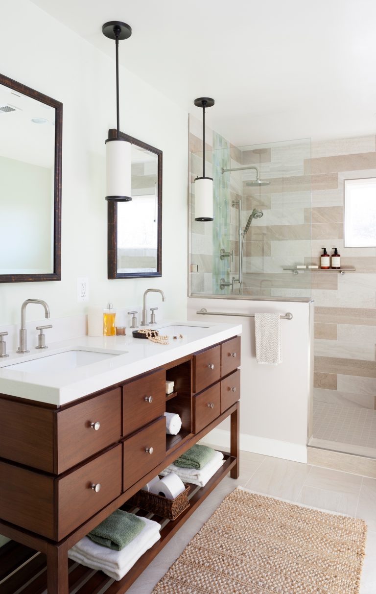 modern bathroom wood double vanity sinks natural color palette pendant lights