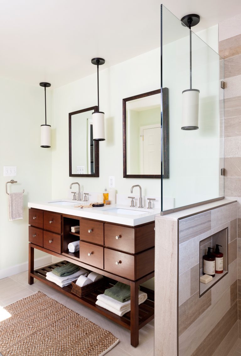 modern style bathroom double wood vanity pendant lights natural color palette