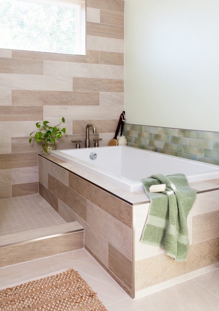 modern bathroom separate tub natural color palette tan sage green tile