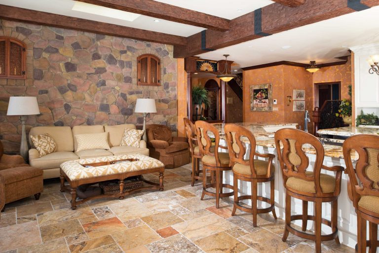 virginia home kitchen remodel warm colors stone features exposed wood beams
