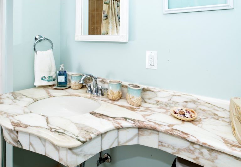 beachy blue and tan bathroom vanity