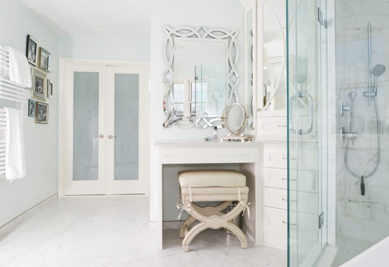 renovated bathroom beige and blue built in vanity separate shower stall