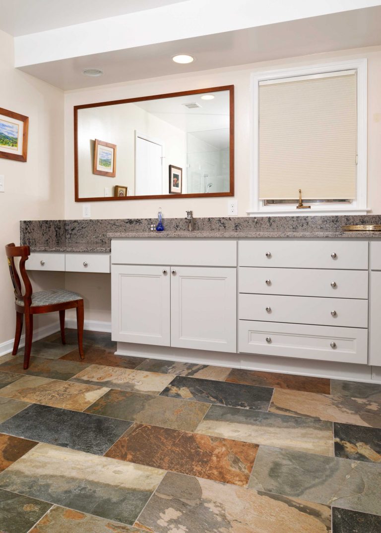 built in vanity in master bathroom neutral color palette