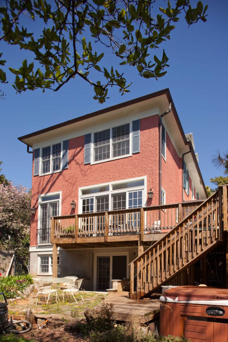 DC rowhouse multi-level deck addition with patio and hot tub