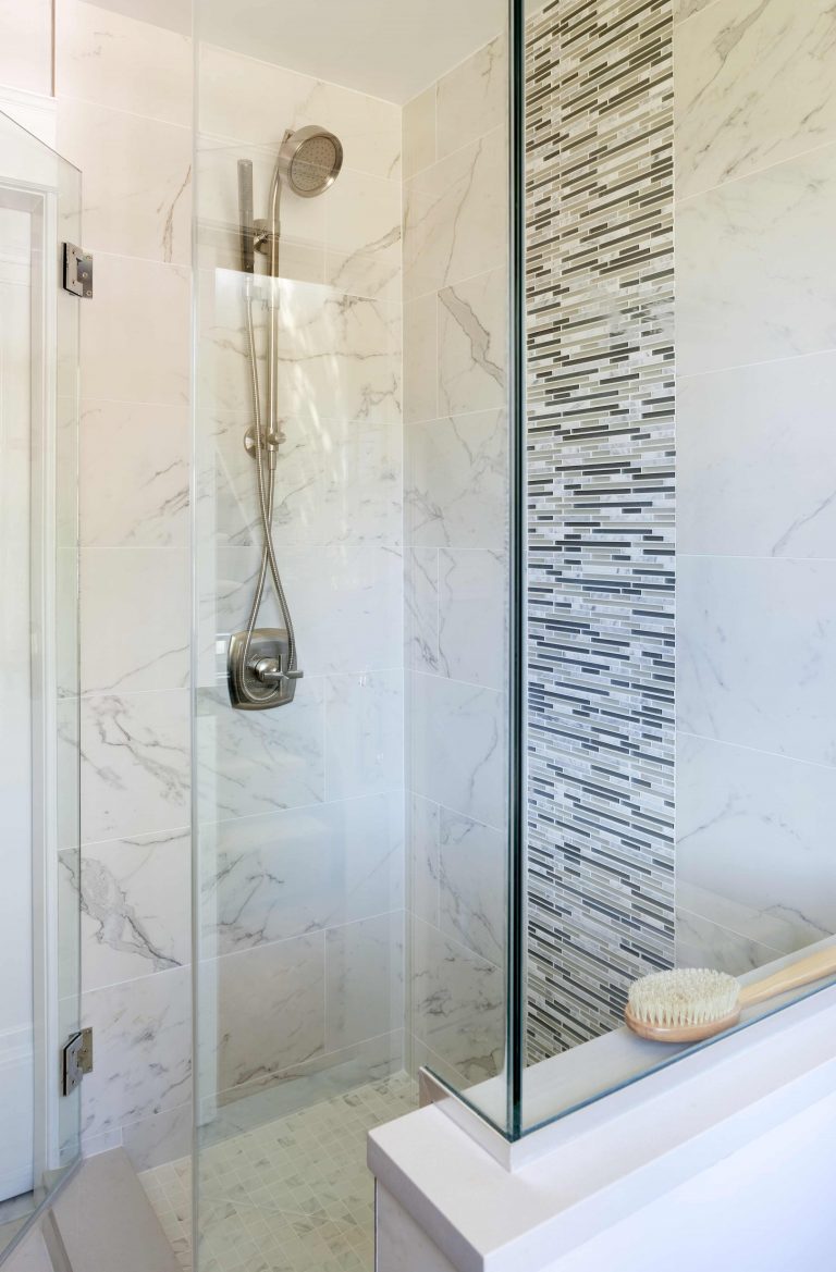 bright bathroom glass shower tile feature wall