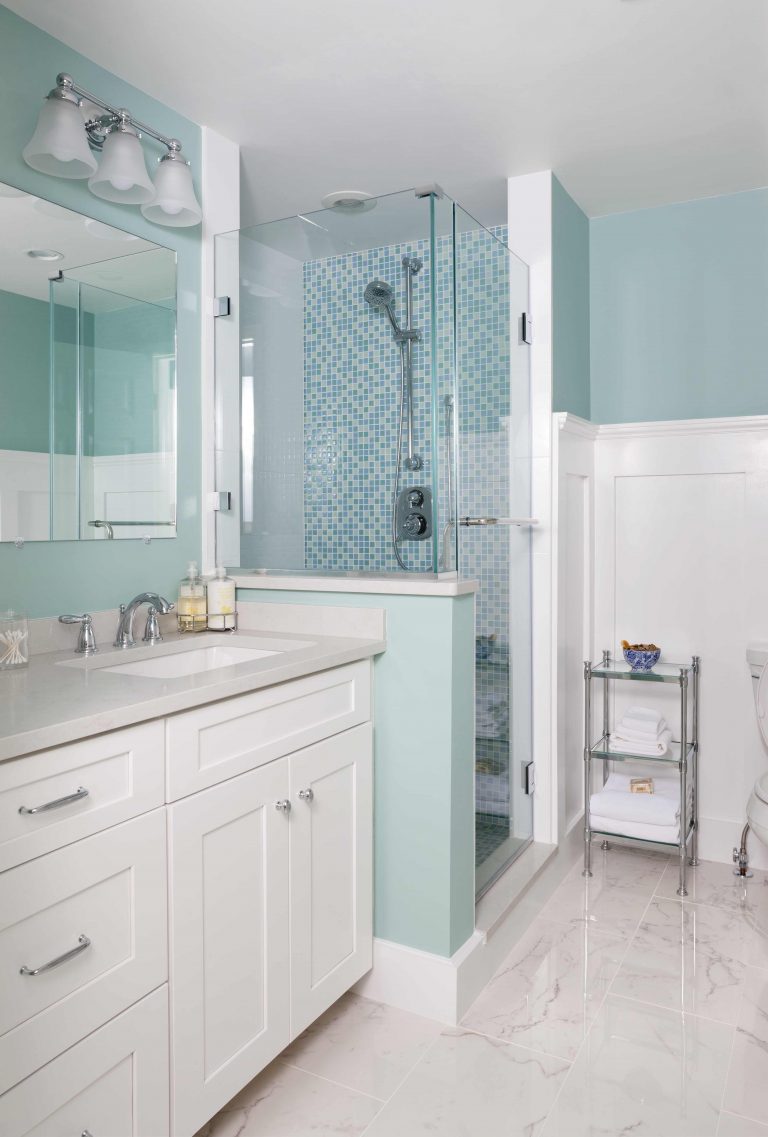 virginia bathroom soft blue and white glass shower stall wainscoting