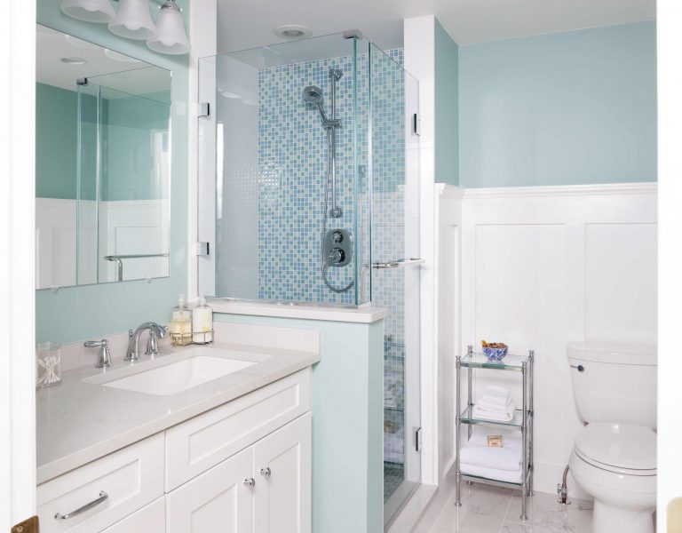 virginia bathroom soft blue and white glass shower stall wainscoting
