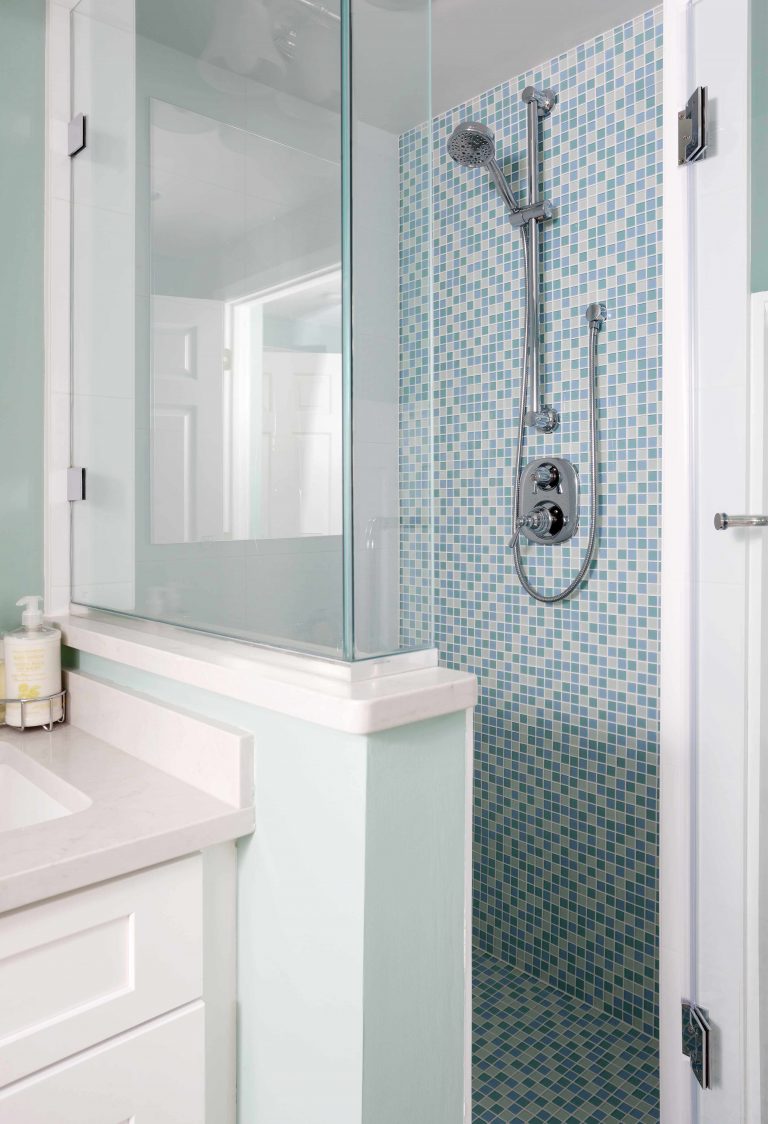 soft blue and white bathroom glass shower stall blue mosaic tiling
