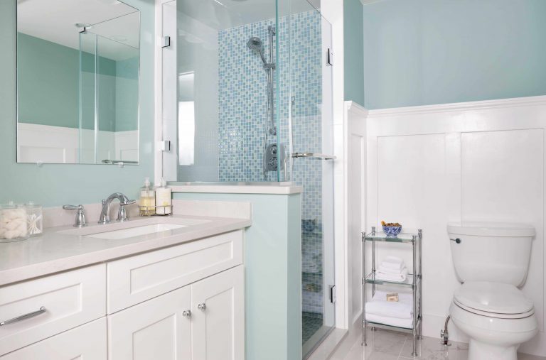 virginia bathroom soft blue and white glass shower stall wainscoting