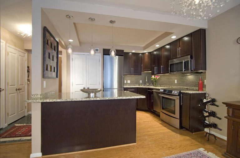 open concept kitchen modern design dark wood cabinetry stainless steel appliances tray ceiling with recessed lighting