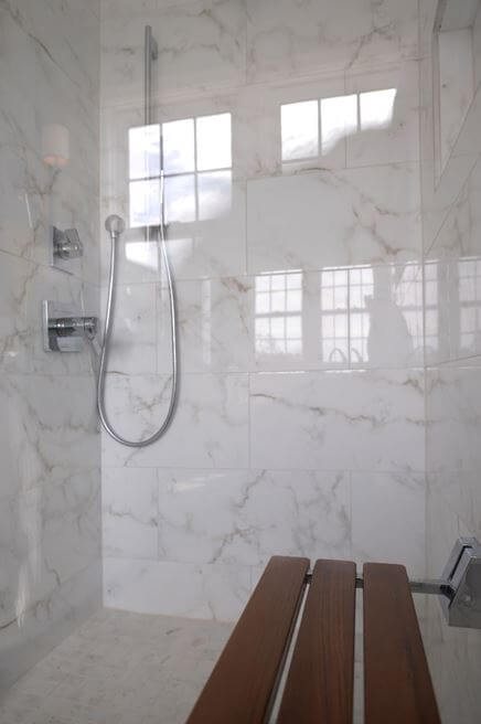 Shower with Marble Floating Shower Bench - Transitional - Bathroom