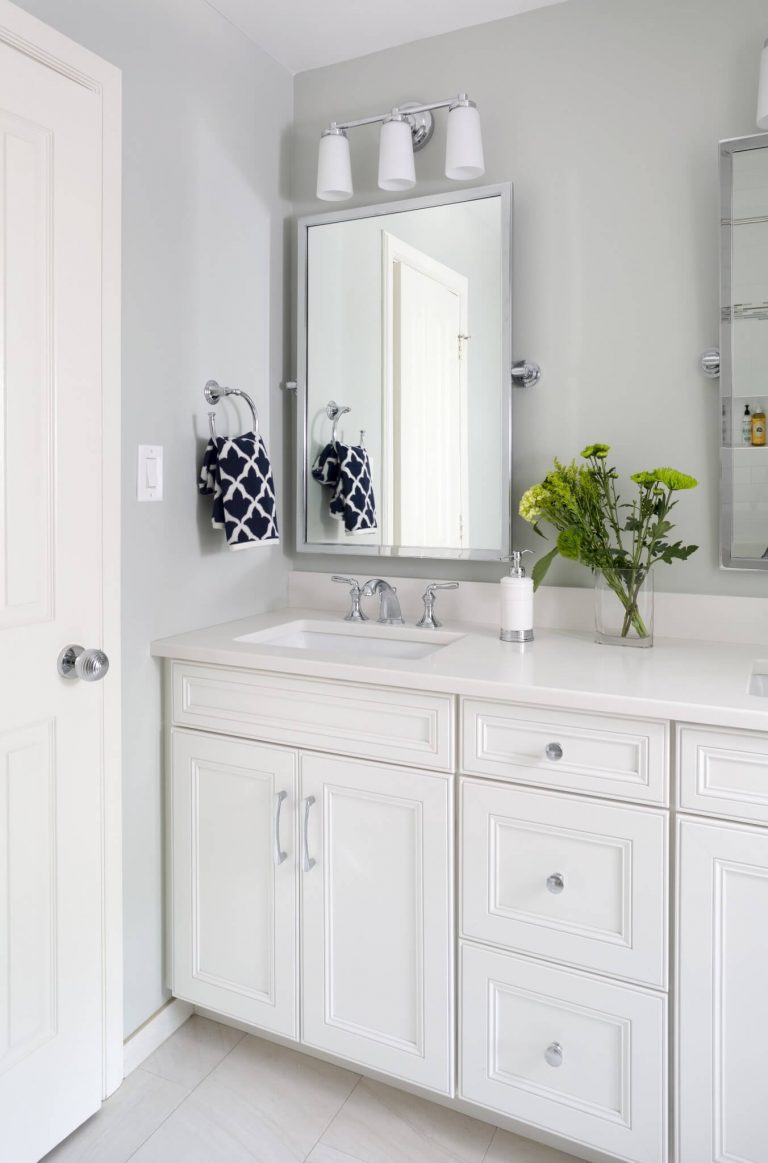 elegant farmhouse bathroom with soft color palette and double sink vanity