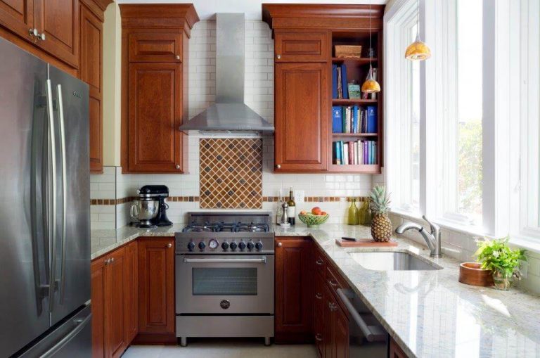 transitional style dc kitchen cherry cabinets open shelving white countertops stainless steel appliances and range hood