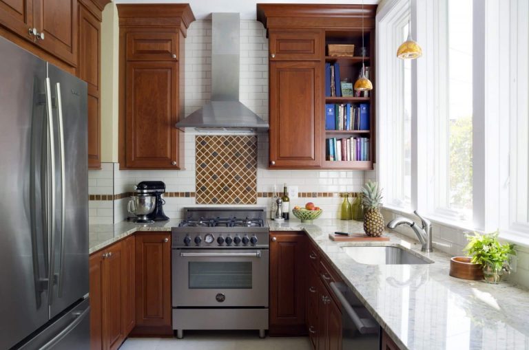 transitional style dc kitchen cherry cabinets open shelving white countertops stainless steel appliances and range hood