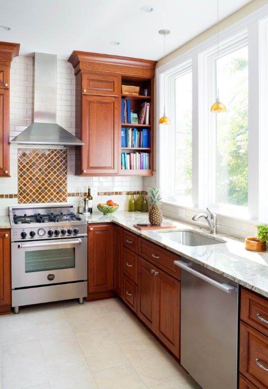 transitional style dc kitchen cherry cabinets open shelving white countertops stainless steel appliances and range hood