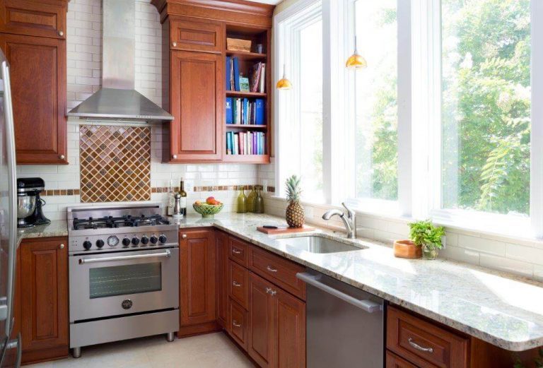 transitional style dc kitchen cherry cabinets open shelving white countertops stainless steel appliances and range hood