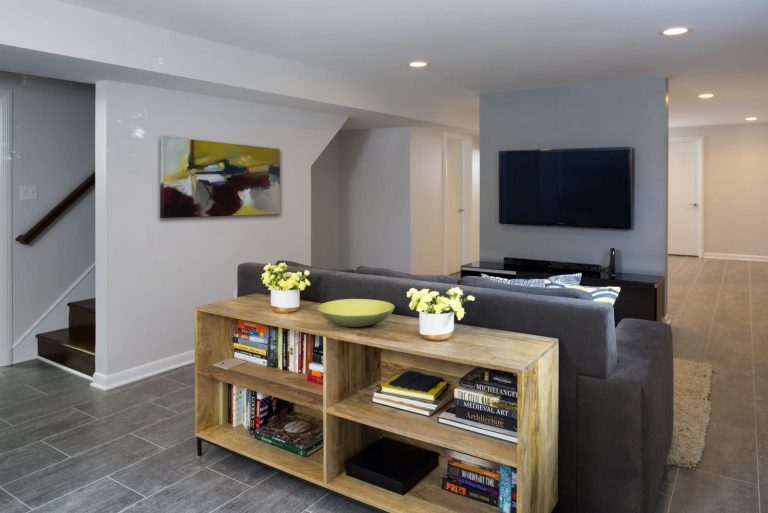 modern finished basement in dc home soft gray color palette