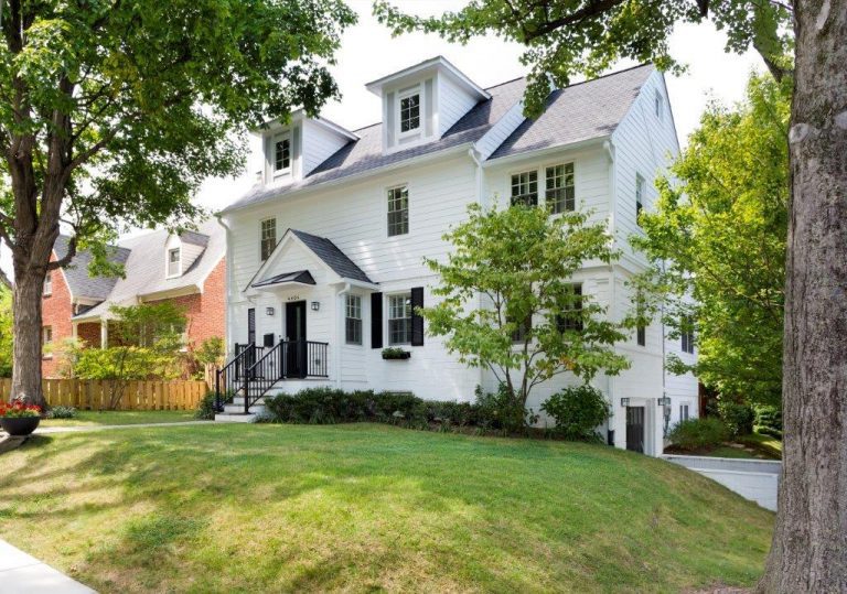 updated entryway on traditional white brick dc home iron railings