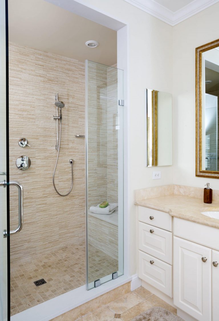 shower stall with glass door beige color palette