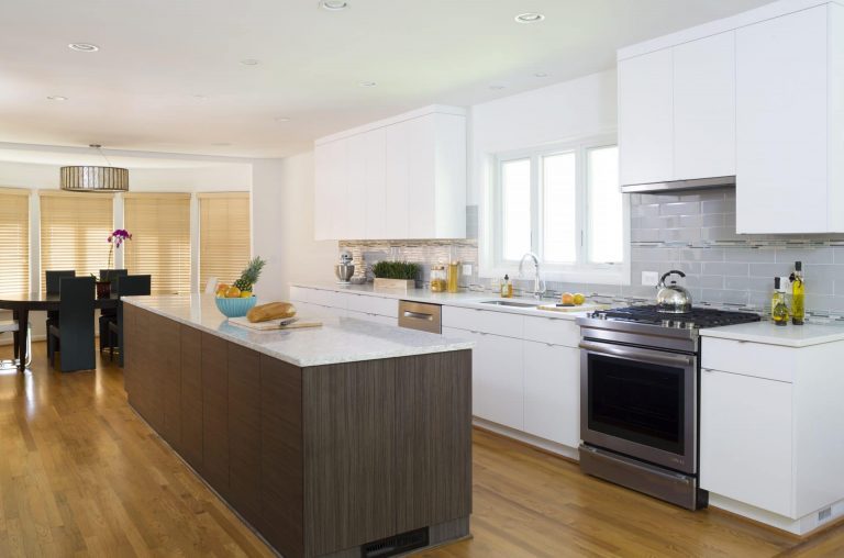 contemporary kitchen design contrasting wood tones large island