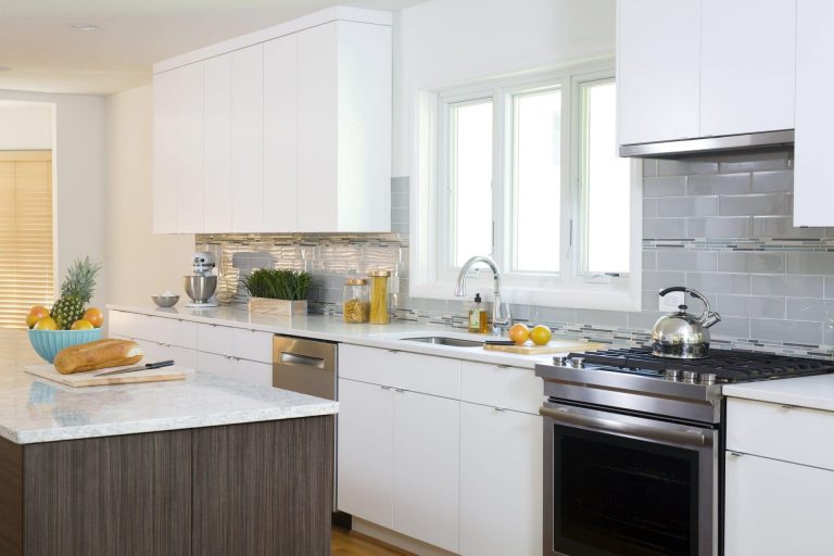 contemporary kitchen white and dark stain contrasting cabinets gray tile backsplash