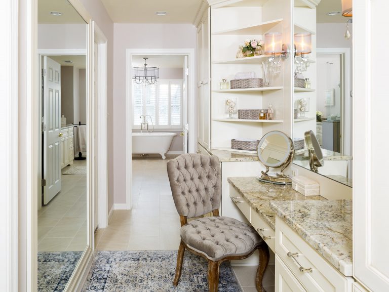 elegant master bathroom built in vanity mirror wall plenty of storage open shelving