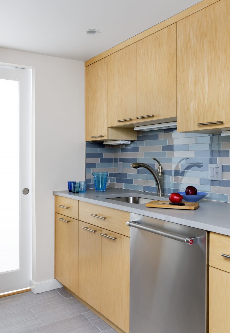 modern dc kitchen light wood cabinetry blue tile backsplash stainless steel dishwasher