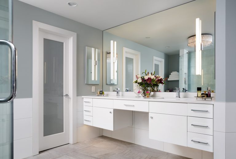 white cabinetry floating vanity with double sinks large mirror wall