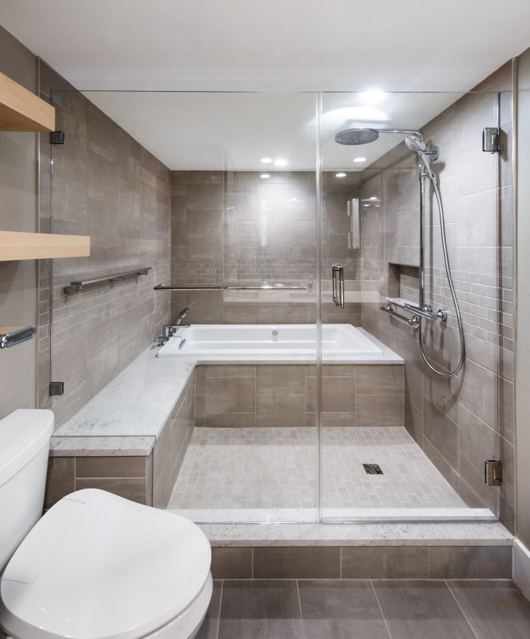 gray bathroom large shower with built in bench and bathtub inside shower