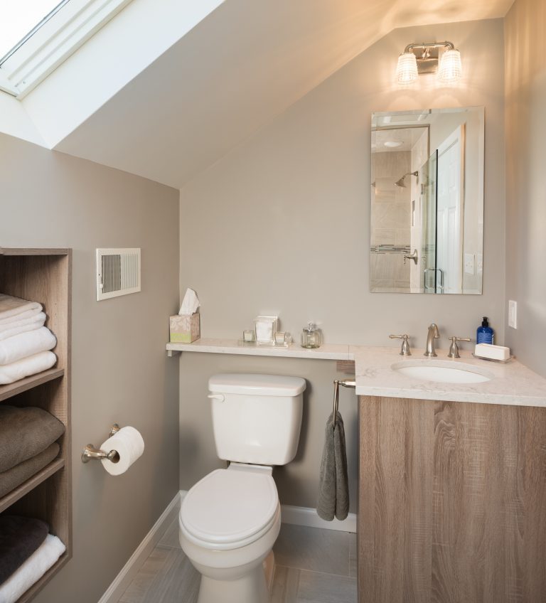 neutral gray color palette bathroom sloped ceiling with skylight open shelving storage