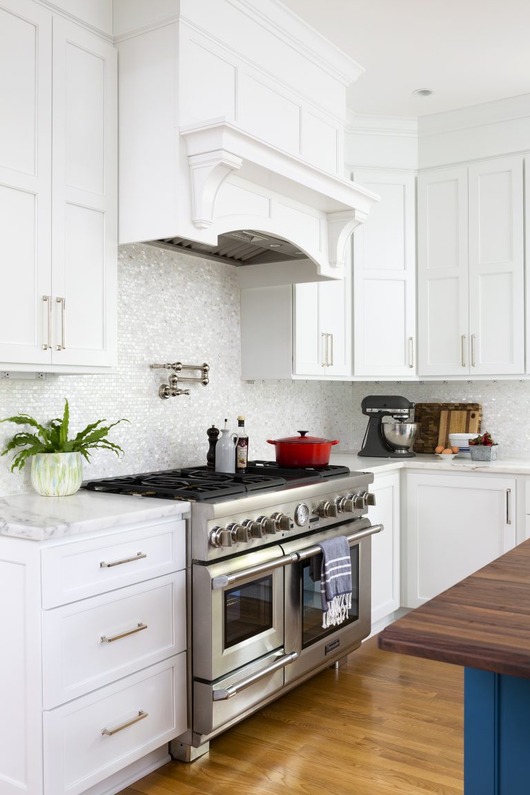 stainless steel gas range white hood and pot filler