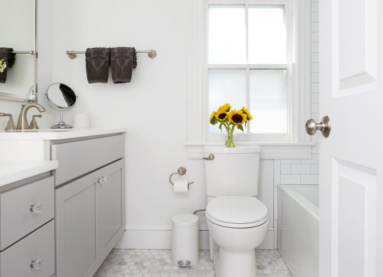 traditional style bathroom white and gray color palette