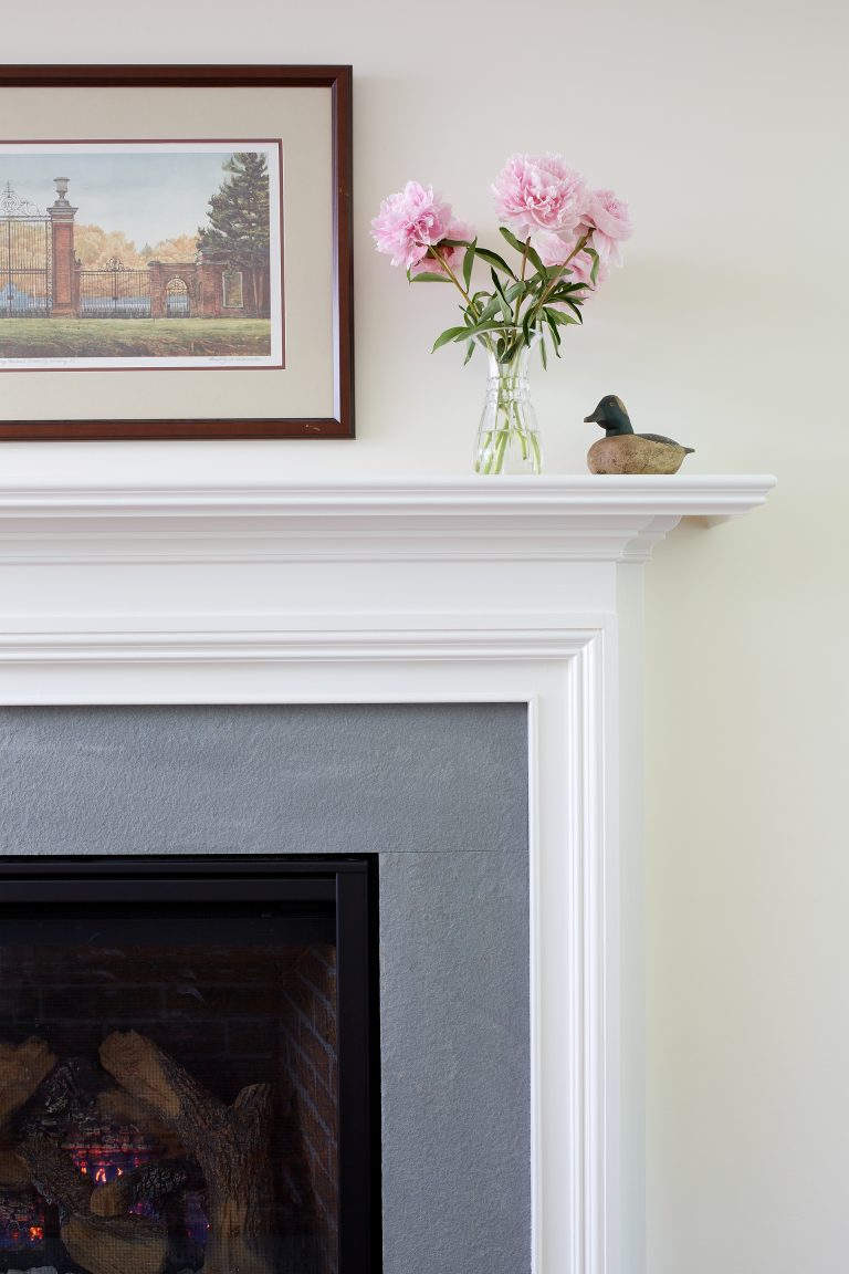 fireplace detail white mantle gray surround