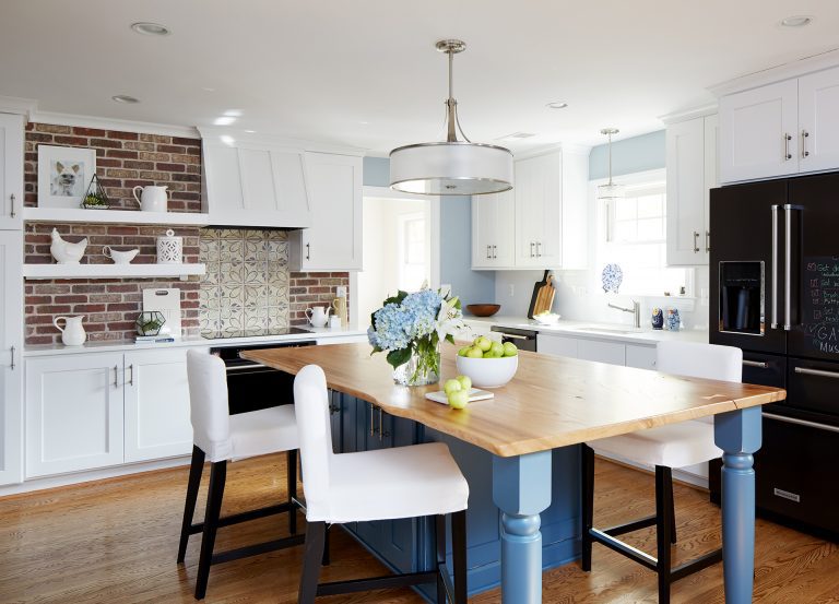 virginia farmhouse traditional large kitchen island with seating hardwood floors, white hanging pendant light